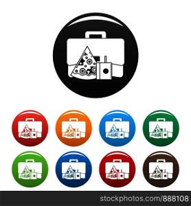Pizza lunch bag icons set 9 color vector isolated on white for any design. Pizza lunch bag icons set color