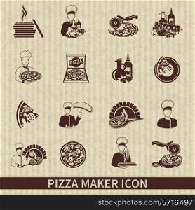 Pizza maker icon black set with perfect italian ingredients hot slice isolated vector illustration