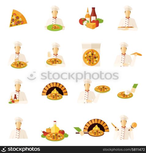 Pizza Makers Flat Icons Set. Pizza makers food and kitchen flat icons set isolated vector illustration