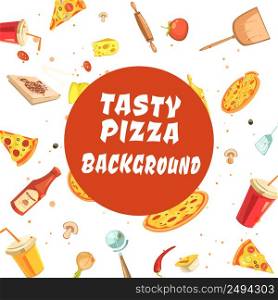 Pizza making set seamless pattern with white inscription tasty pizza background on red round in center vector illustration . Tasty Pizza Making Seamless Pattern