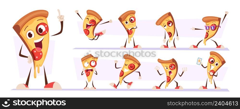 Pizza mascot. Funny food character in action poses happy styling cute persons exact vector illustrations isolated. Funny pizza mascot. Pizza mascot. Funny food character in action poses happy styling cute persons exact vector illustrations isolated