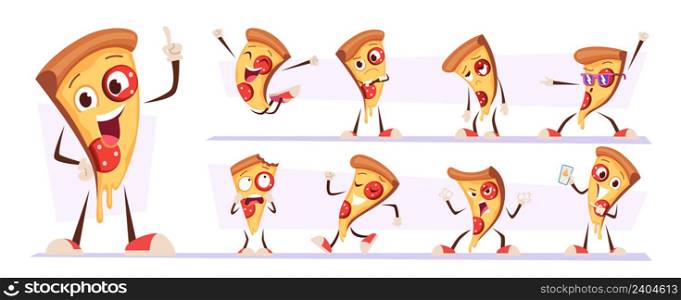Pizza mascot. Funny food character in action poses happy styling cute persons exact vector illustrations isolated. Funny pizza mascot. Pizza mascot. Funny food character in action poses happy styling cute persons exact vector illustrations isolated