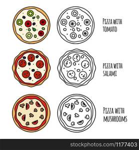 Pizza menu black and white and colorful icons vector collection. Pizza menu icons