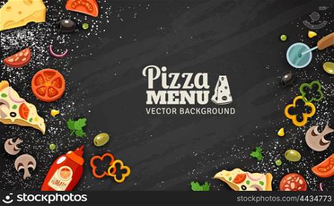 Pizza Menu Chalkboard Background . Pizza menu chalkboard cartoon background with fresh ingredients vector illustration