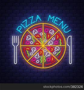 Pizza Menu - Neon Sign Vector. Pizza Menu - neon sign on brick wall background, design element, light banner, announcement neon signboard, night advensing. Vector Illustration