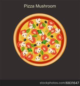 Pizza mushroom. Vegetarian Pizza with mushroom in flat style.