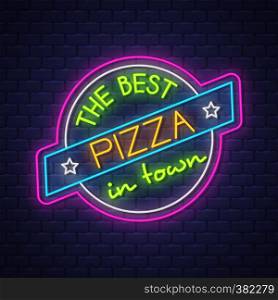 Pizza - Neon Sign Vector. Pizza neon sign on brick wall background, design element, light banner, announcement neon signboard, night advensing. Vector Illustration