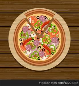 Pizza on a wooden table. Vector