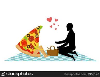 Pizza on picnic. Rendezvous in Park. piece of pizza and man. Country lovers jaunt into cash. Meal in nature. Plaid and basket for food on lawn. Man and food. Romantic meal illustration life gourmet&#xA;