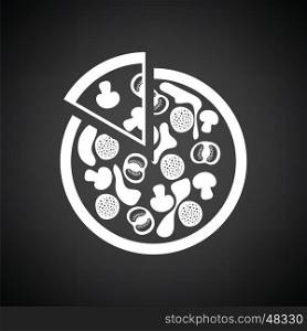 Pizza on plate icon. Black background with white. Vector illustration.