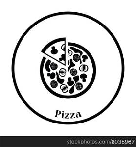 Pizza on plate icon. Thin circle design. Vector illustration.
