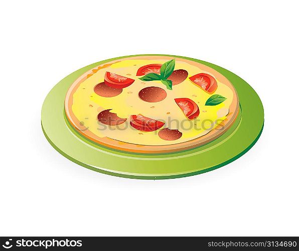 pizza on the green plate isolated on white background - vector illustration