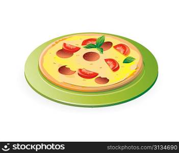 pizza on the green plate isolated on white background - vector illustration