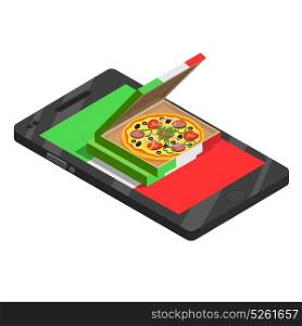 Pizza Online Isometric Composition. Colored pizza online isometric composition with pizza lies on smartphone and Italian flag vector illustration
