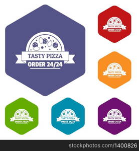 Pizza order icons vector colorful hexahedron set collection isolated on white . Pizza order icons vector hexahedron