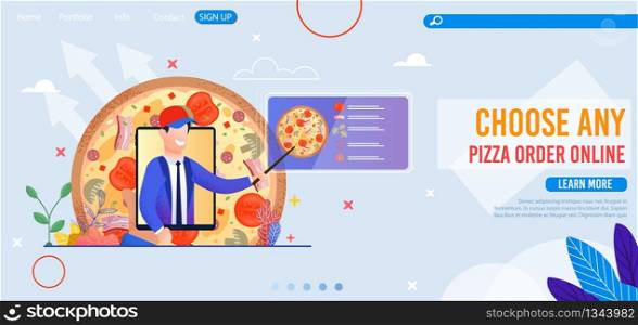 Pizza Order Online Service with Ingredient Menu and Fast Delivery. Cartoon Man Advisor on Digital Screen Help Making Choice. Mobile Application. Ecommerce. Flat Landing Page. Vector Illustration. Pizza Order Online, Ingredient Menu Landing Page