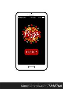 Pizza order smartphone application, food with cheese, mushroom slices, tomatoes and parsley, service online for people isolated on vector illustration. Pizza Order Smartphone App Vector Illustration