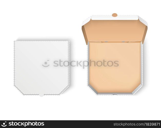 Pizza package. Realistic cardboard box with chamfered corners, blank delivery fast food pack, top view open and closed container and packaging mockup vector set. Pizza package. Realistic cardboard box with chamfered corners, blank delivery fast food pack, top view open and closed container. Vector set
