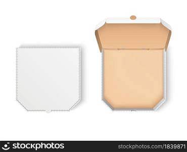 Pizza package. Realistic cardboard box with chamfered corners, blank delivery fast food pack, top view open and closed container and packaging mockup vector set. Pizza package. Realistic cardboard box with chamfered corners, blank delivery fast food pack, top view open and closed container. Vector set