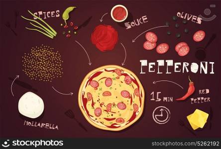 Pizza Pepperoni Recipe. Recipe of pizza pepperoni with mozzarella salami vegetables and spices on brown background cartoon style vector illustration