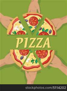 Pizza Pieces in Hand. Pizza pieces in hand vector. Pizza with cheese, tomatoes, mushrooms, olives and aromatic herbs on white background. For wrapping paper, web, printing materials, restaurant menus design