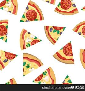 Pizza Pieces Seamless Flat Pattern Vector. Pizza pieces vector seamless pattern. Pizza with cheese, tomatoes, mushrooms, olives and aromatic herbs on white background. For wrapping paper, web, printing materials, restaurant menus design