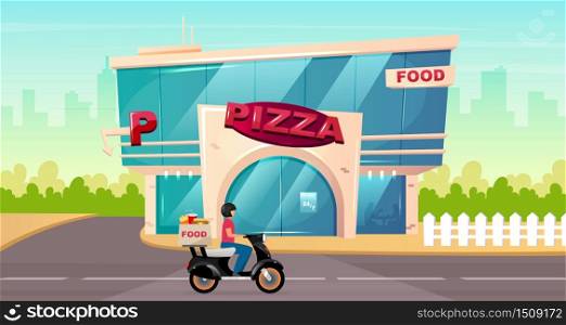 Pizza place on street flat color vector illustration. Fast food delivery on motorbike. Cafe exterior by sidewalk. Modern 2D cartoon cityscape with glass urban building on background