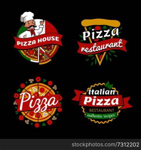 Pizza places of high quality promotional emblems set. Exquisite restaurants and cafes with Italian pizza logotypes isolated vector illustrations.. Pizza Places of High Quality Promotional Emblems
