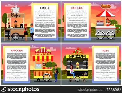Pizza popcorn coffee and hot dog shops collection vector illustration with fast food stalls, pretty design stands in green park, isolated text s&le. Pizza Popcorn Coffee and Hot Dog Shops Collection