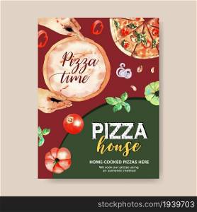 Pizza poster design with dough, pizza, hands watercolor illustration.