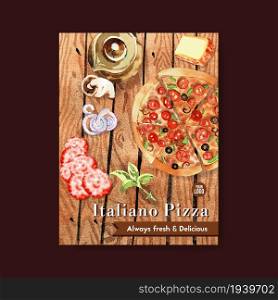 Pizza poster design with pizza, tea pot watercolor illustration.