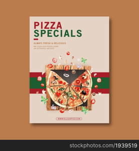 Pizza poster design with pizza, tomato watercolor illustration.