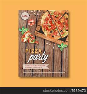 Pizza poster design with pumpkin, basil, pizza watercolor illustration.