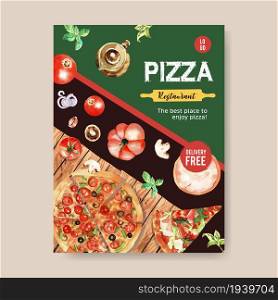 Pizza poster design with rolling pin, pizza, pumpkin watercolor illustration.