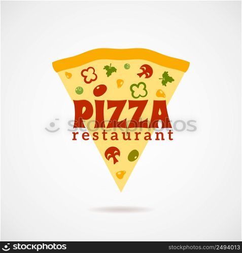 Pizza restaurant logo with a piece of pizza with vegetables and mushrooms flat vector illustration . Pizza Logo Illustration