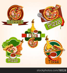 Pizza restaurant menu emblems set with ingredients oil and seasoning isolated vector illustration