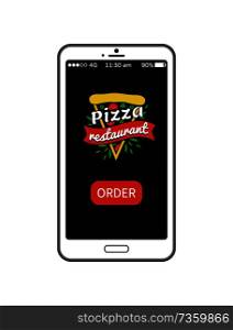Pizza restaurant order via mobile phone application, delivery and service of pizzeria, slice with parsley, red tomatoes, olive vector illustration. Pizza Restaurant Order App Vector Illustration
