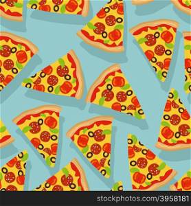 Pizza seamless pattern. Delicious slice of pizza background. Traditional Italian food ornament. Texture of fabric for children. Fresh ingredients sausage and tomatoes. Greens and olives&#xA;