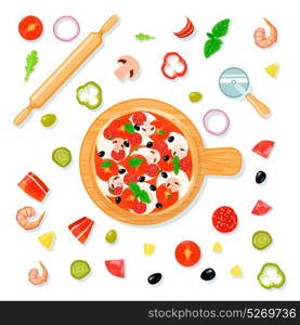 Pizza Set Cartoon Composition. Top view pizza set composition in cartoon style with pizza on carving board and filler slices vector illustration