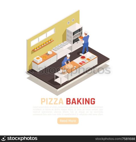 Pizza shop baking and service area isometric composition with dough rolling adding ingredients setting in oven vector illustration
