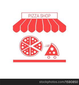 Pizza Shop, Pizzeria Single Flat Icon. Striped Awning and Signboard. A Series of Shop Icons. Vector Illustration.. Pizza Shop, Pizzeria Single Flat Icon. Striped Awning and Signboard