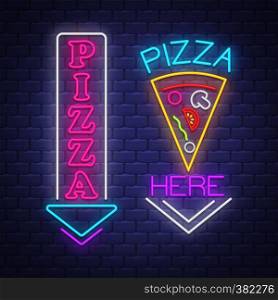 Pizza sign collection - Neon Sign Vector. Pizza sign collection - neon sign on brick wall background, design element, light banner, announcement neon signboard, night advensing. Vector Illustration