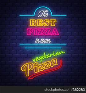 Pizza sign collection - Neon Sign Vector. Pizza sign collection - neon sign on brick wall background, design element, light banner, announcement neon signboard, night advensing. Vector Illustration