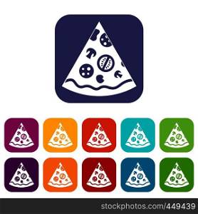 Pizza slice icons set vector illustration in flat style In colors red, blue, green and other. Pizza slice icons set flat
