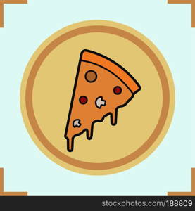 Pizza slice on plate color icon. Pizzeria sign. Italian pizza with flowing cheese. Isolated vector illustration. Pizza slice on plate color icon
