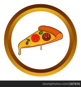 Pizza slice vector icon in golden circle, cartoon style isolated on white background. Pizza slice vector icon