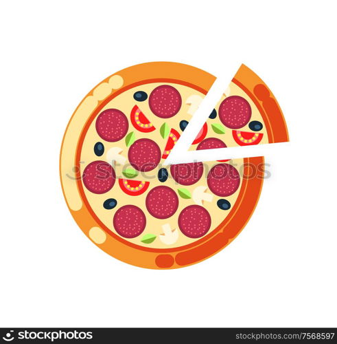 Pizza slice vector, pizzeria Italian food cuisine isolated icon. Rounded meal with salami, mushrooms and olives, greenery and tomatoes, crust bakery. Pizza Slice, Pizzeria Italian Food Cuisine Icon