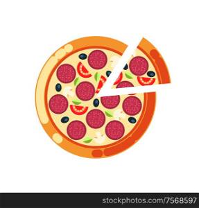 Pizza slice vector, pizzeria Italian food cuisine isolated icon. Rounded meal with salami, mushrooms and olives, greenery and tomatoes, crust bakery. Pizza Slice, Pizzeria Italian Food Cuisine Icon