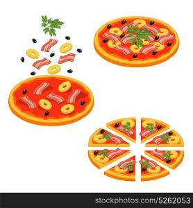 Pizza Sliced Isometric Icon Set. Colored pizza sliced isometric icon set with stages of pizza making step by step vector illustration