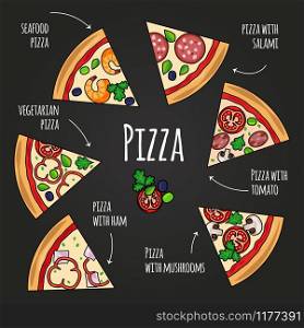 Pizza slices. Blackboard pizzeria menu. Colorful pizza slice icons with text vector set on black background. Pizza slices. Blackboard pizzeria menu. Colorful pizza slice icons with text vector set